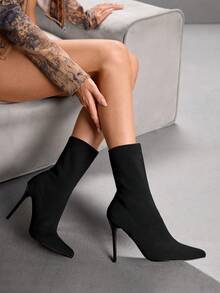 CUCCOO SZL 女士时尚黑色绒面尖头高跟踝靴