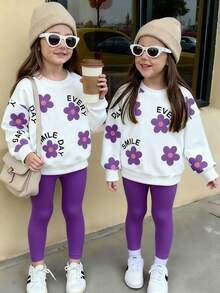 年轻女孩花卉和字母印花运动衫和紧身裤套装 - 彩色 - 查看 1