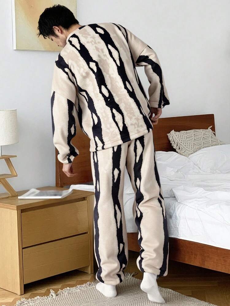Men's Striped Contrast Color Thermal Lined Top & Pants Loungewear Set, Autumn, Fluffy Cozy Winter Clothes