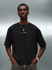 PLAYBOY X SUMWON Boxy Fit Suedette T-Shirt With Back Print And Front Logo For Casual Streetwear - Black - View 4