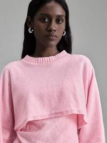 Ontre 1pc Women's Soft Pink Knitted Set,Loose Drop Shoulder Long Sleeve Cropped Top & Camisole,Wool Blend Sweater For Autumn,Casual Lounge & Holiday Party - Baby Pink - View 5