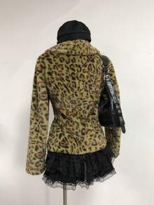 SHEIN Unity Women's New Autumn/Winter Leopard Print Lapel Cardigan Rabbit Fur Coat, Vintage Style - Army Green - View 2