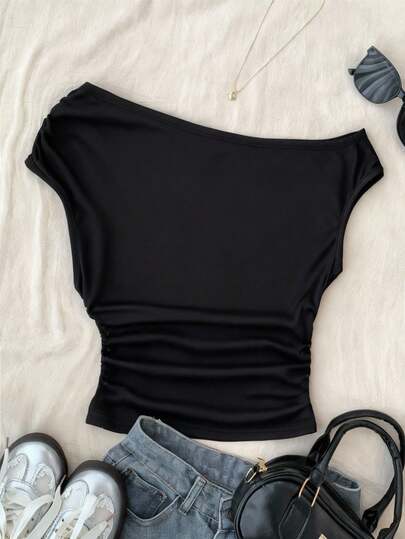 SHEIN 少女黑色纯色针织休闲简约波尔卡圆点印花不对称褶饰吊带背心，适合春夏季休闲、个性化造型、日常穿着