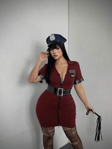 POPSWAY Plus Size Women Cosplay Costume Blue Dress - Burgundy - View 5