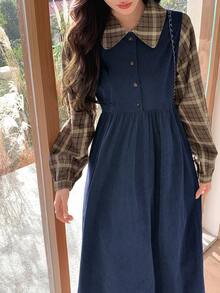 Dazy Star 女式休闲格子拼接二合一连衣裙，秋季 - 藏蓝色 - 查看 5