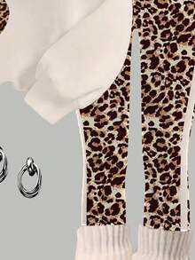 SHEIN Tween Girl Leopard Print Cherry Pattern Sweatshirt And Leggings 2-Piece Set,White,Autumn,Cute,School,Back-To-School,Vintage American Collegiate Vibe - Multicolor - View 7