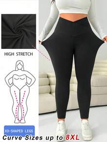 SHEIN CURVE+ 大码女式黑色高腰紧身裤 - 黑色 - 查看 1