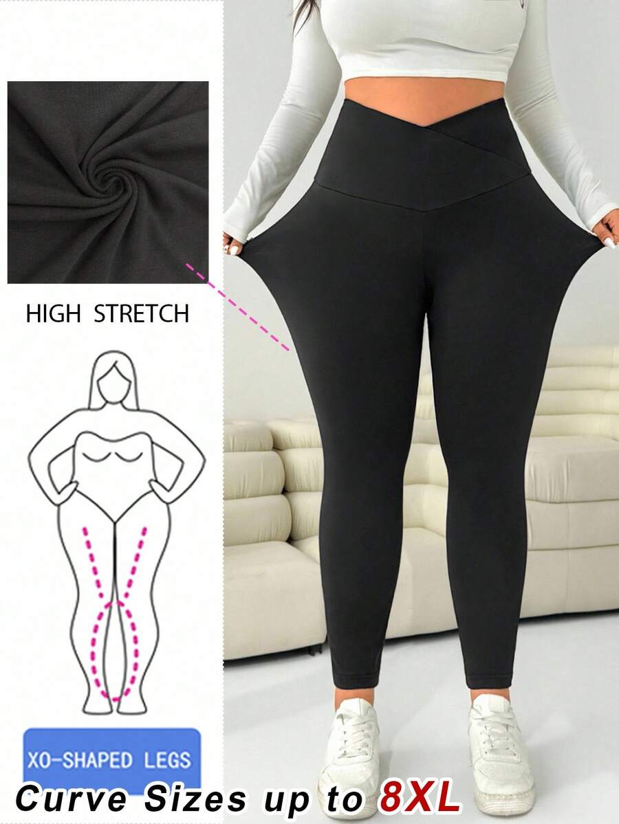 SHEIN CURVE+ 大码女式黑色高腰紧身裤 - 黑色 - 查看 1