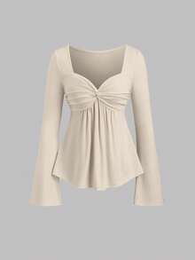 Sweetra 2pcs Women Elegant Slimming Comfortable Long Sleeve Versatile T-Shirt Set