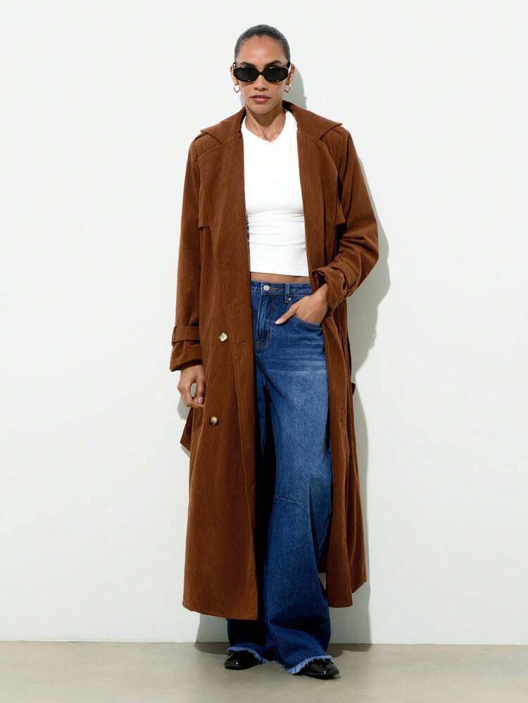 SHEIN Maija 2025 Women's Double-Breasted Corduroy Trench Coat, Women's Winter Coat, Winter Clothes For Women, Christmas Clothes , New Year Clothes, Thanksgiving,Simple And Classic Women's Autumn/Winter Coat, Made Of Warm Corduroy, Long And Slim-Fitting, Practical And Versatile, With A Street Style Vibe