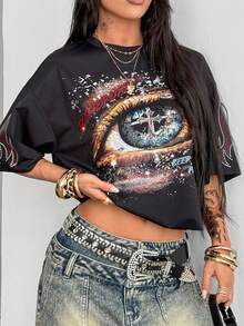 Coolane 女士夏季街头时尚嘻哈图案超大T恤 - 黑色 - 查看 3