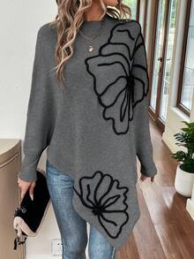 SHEIN LUNE Sweater Lengan Kelelawar Motif Bunga 3D untuk Wanita, Tren Musim Gugur/Dingin - Grey - View 4