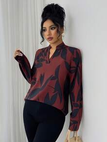 Elenzga 女式随机印花简约休闲长袖衬衫 - 摩卡棕 - 查看 3