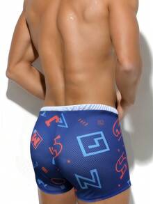 Surfspeed Men's Letter Print Drawstring Waist Swim Trunks Shorts - Blue - View 3