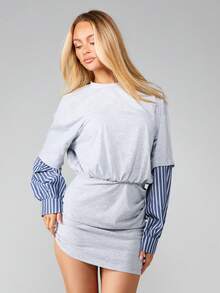 MISSGUIDED Oversized Mini Dress With Striped Shirt Sleeves And Ruched Waist Detail For Casual Everyday Wear - Multicolor - View 1
