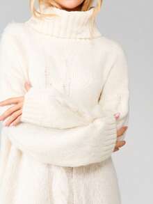MISSGUIDED 超大号粗针织高领毛衣裙长袖冬季舒适套头迷你连衣裙 - 杏色 - 查看 4