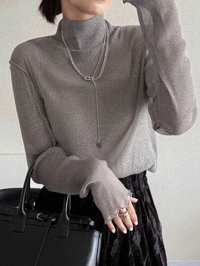 FRIFUL Women's Mesh Turtleneck Sheer Blouse, Summer Wear Long Sleeve Women