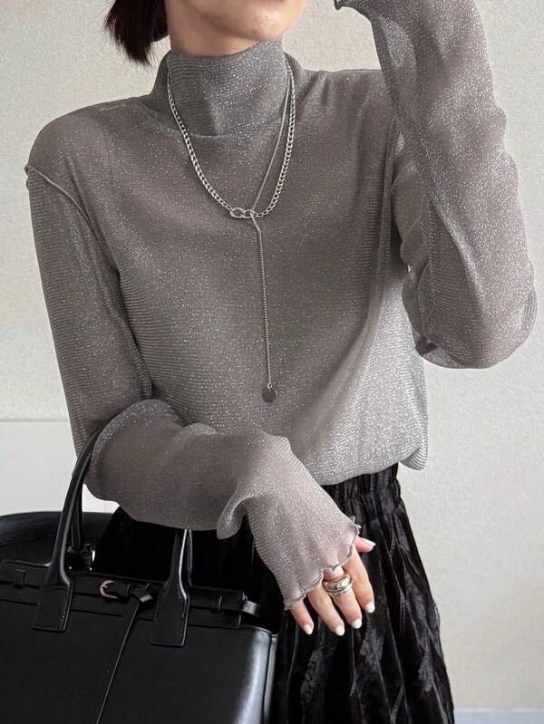 FRIFUL Women's Mesh Turtleneck Sheer Blouse, Summer Wear Long Sleeve Women