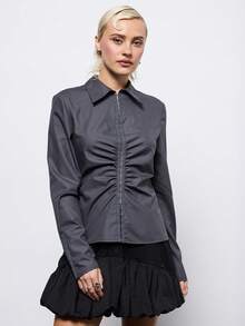 COUREZ 修身褶皱长袖衬衫，钩扣式设计 / Y2K 冬季外出灰色上衣，性感夜店派对上衣，新年必备 - 深灰色 - 查看 4