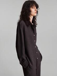 Traje casual de primavera/verano 2026 para mujer, compuesto por camisa de manga larga de un solo pecho con bolsillo y pantalones de pierna ancha, estilo vintage, adecuado - Negro 2 - Ver 4