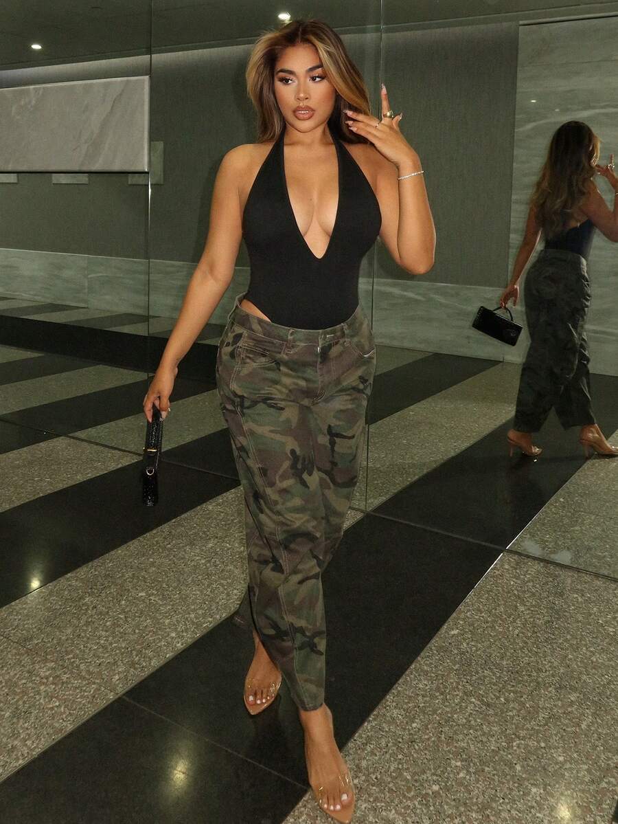 Maria Perezxox 女式深 V 露背紧身衣，弹性柔软舒适无袖休闲性感度假日常百搭小背心，春夏 - 黑色 - 查看 1