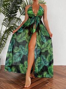 Swim Vcay Tropical Print Backless Halter Maxi Cover Up For Beach Vacation - Multicolor - View 3