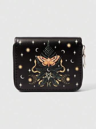 Fairycore 1Pc Moth Snake Star Moon Design Minimalist Style Zip Coin Wallet, Suitable For Women.
