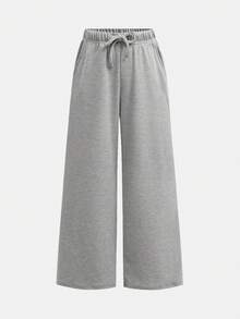 SHEIN Tween 女童宽松休闲简约百搭阔腿罗纹针织抽绳运动裤，纯色 - 灰色 - 查看 6