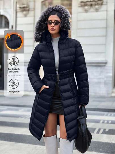 EURMUSE Woman Solid Color Woven Padded Insulated Contrast Fur Detailed Hood Neck Zip Up Front Zipper Pockets Belted Long Midi Length Winter Coat Jacket Casual