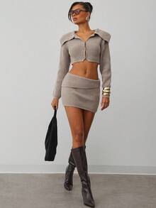 Hauture Women's Simple Daily Fall Winter Chunky Knitted Low Waist Foldover Mini Skirt - Brown - View 3