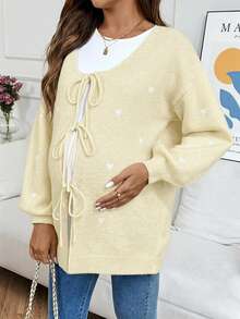 SHEIN Pregnant Women's Casual Heart Pattern Tie-Front Drop Shoulder Long Sleeve Cardigan - Yellow - View 6