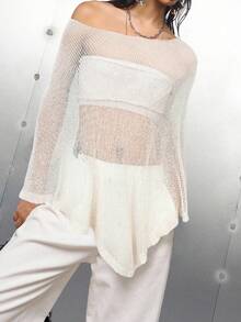 LYSMO 女士纯色不对称领披肩领网纱透视衬衫，性感派对适合外出、街头风、Grunge朋克风、Y2K风和万圣节装扮，2025新款极简哥特风秋季女装 - 杏色 - 查看 3