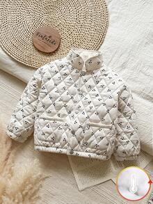 Vintaside Kids Girls' Jacket Outerwear, Flocked, Thickened, Thermal Lining, Suitable For Spring, Autumn, Winter, Countryside Style, Cherry Fruit Print, Fashion, Cute, Elegant, Versatile, All-Match, Casual Jacket