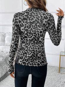 Ellevyn Women's Elegant Sexy Leopard Print Mesh Fitted Blouse - Black and White - View 10