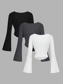 SHEIN MOD 3pcs Kaos Wanita Warna Polos Leher Bulat Lengan Lonceng Berkerut, Atasan Lengan Panjang Pas Badan, Musim Gugur, Pakaian Musim Gugur untuk Wanita - Hitam dan Putih - View 2
