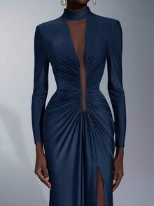 Elitara 优雅设计针织立领性感深 V 直肩长袖美人鱼下摆拉链连衣裙，适合海滩、户外、鸡尾酒会、下午茶、婚礼、宴会、商务活动等场合 - 藏蓝色 - 查看 7