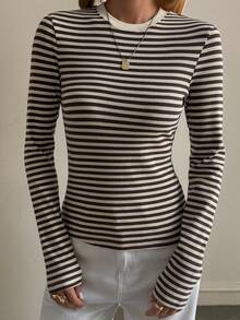 Livesso Women's Autumn Fitted Crew Neck Striped T-Shirt Long Sleeve Women - Coffee Brown - View 4