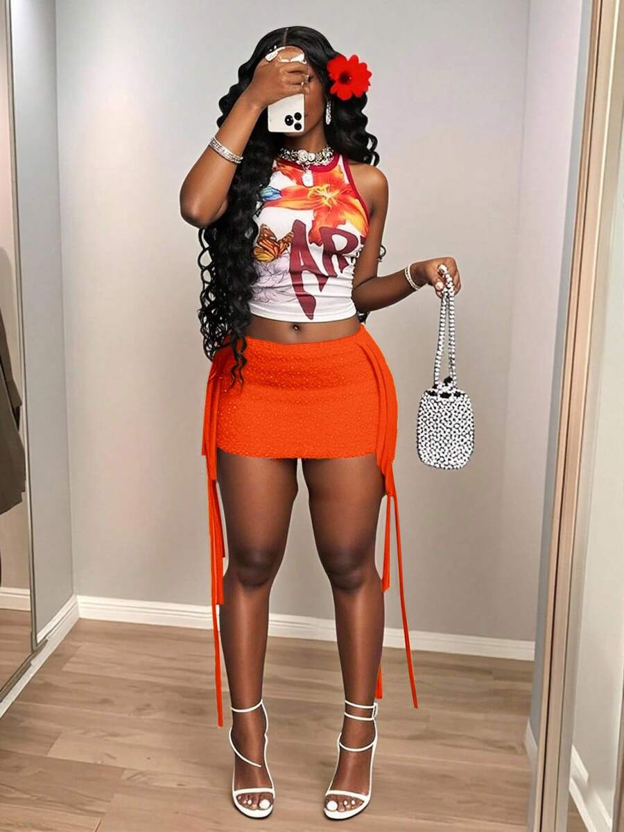 Slaydiva 2025夏季新款伊比沙岛波西米亚波西米亚女装，音乐节，西部风，游牧风，派对，泳池性感度假，邮轮旅行，海滩，日光浴，病毒式流行，度假，甜美，性感，女士红色钩针流苏迷你裙（可搭配） - 橘色 - 查看 1