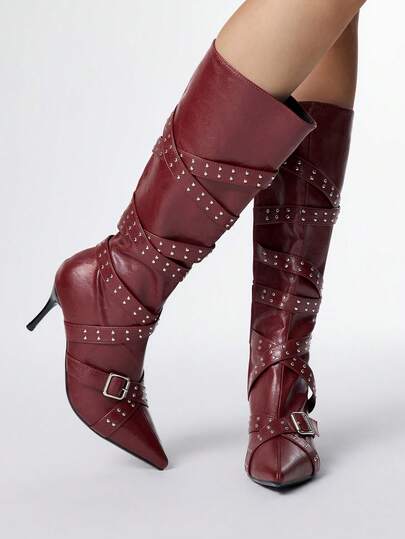 Grunge Punk Women's New Pointed Toe Stiletto Heel Studded Thigh High Boots, Black