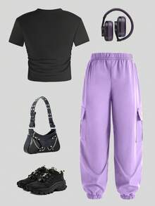 SHEIN Conjunto de 2 piezas de camiseta gráfica y pantalón cargo de grupo de chicas KPOP, top de manga corta ajustado y casual con pantalón largo morado para niña preadolescente - Morado - Ver 3