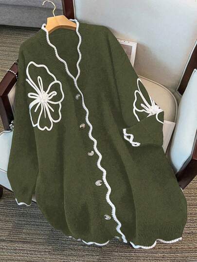 GlowEve CURVE 大码女款铁锈色花卉针织开衫，厚实，V领，色块，百搭，秋冬