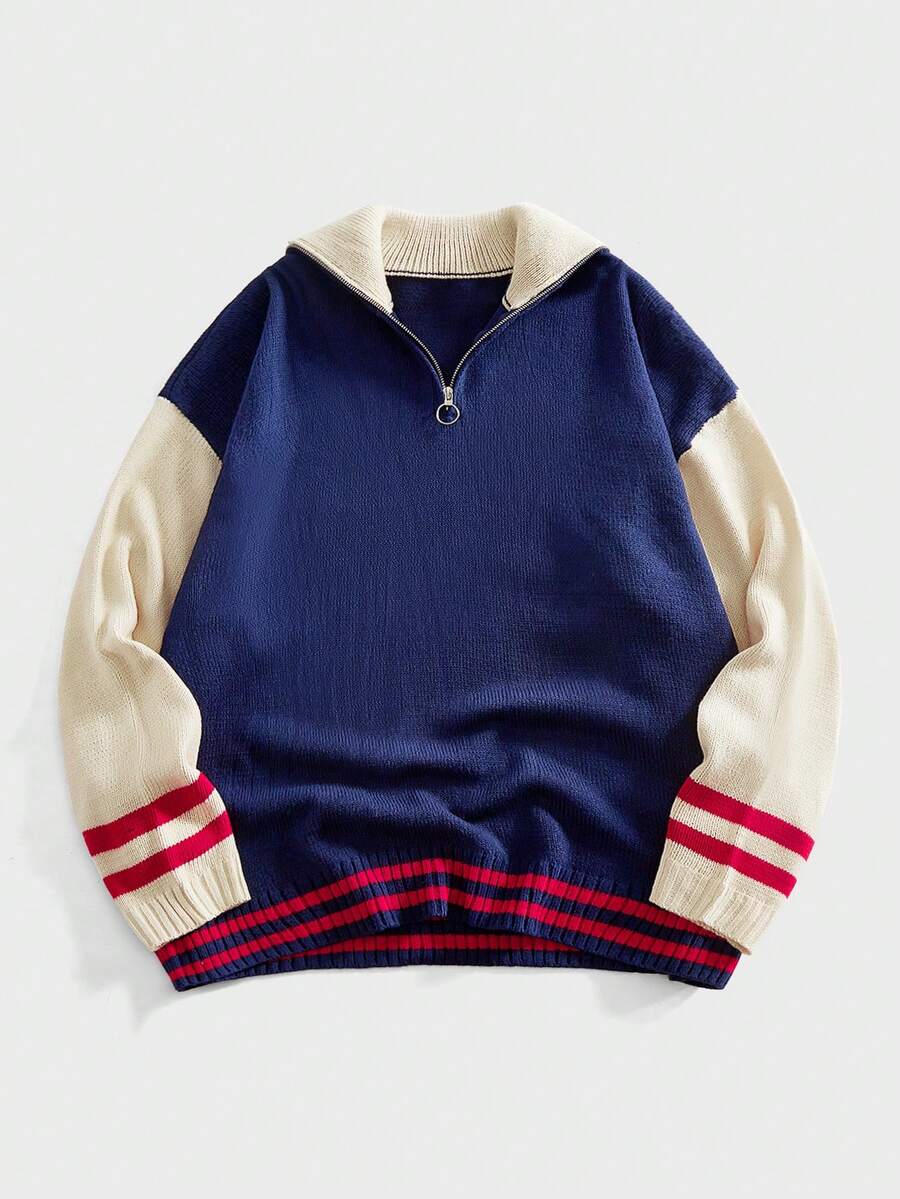 EASEVO 大码男士休闲撞色拉链毛衣，秋冬 - 彩色 - 查看 1