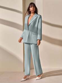 CLARA VERO Blazer With Single Button Closure And Flap Pockets, Paired With Matching High-Waist Trousers, Elegant Two Pieces Suit Set - Mint Green - View 4