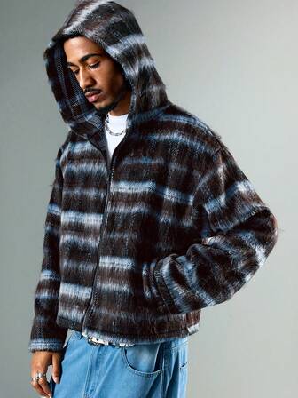 Street Life Cardigan casual con cappuccio a quadri da uomo, moda da strada, autunno/inverno