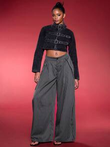 Normani Quần ống rộng cạp trễ màu xám họa tiết chuối phong cách hippie cổ điển Y2K dạo phố mùa hè cho nữ - Màu xám đen - Xem 2