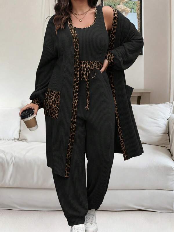 Vionelle Plus Size Women's French Casual Elegant Leopard Print Patchwork 2 Pieces Set, Autumn/Winter 2piece Set Plus Size Lounge Sets Plus Size Two Piece Set Women Plus Size Leopard Print Plus Size Pants Suit Plus Size