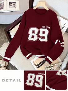 SHEIN Felpa casual da ragazza adolescente con contrasto rosso e bianco, stile retrò americano college, collo tondo, slogan e motivo floreale digitale, semplice e alla moda per uso quotidiano, adatta per il ritorno a scuola