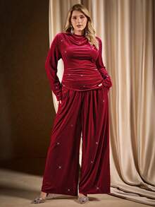 Auralis 1 pieza Conjunto de camiseta de manga larga con cuello redondo y dobladillo asimétrico dividido y pantalones de pierna ancha con bolsillos para mujer talla grande, color burdeos, adecuado para fiestas, cumpleaños y ocasiones elegantes. Conjunto de manga larga para mujer, conjunto de salón de 2 piezas en color burdeos para mujer. - Burdeos - Ver 2