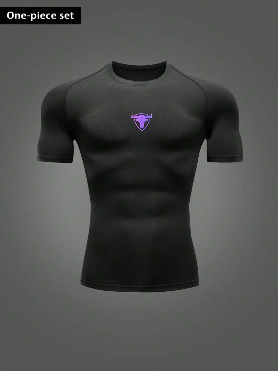 Gym Rark Men's Bull Print Round Neck Raglan Short Sleeve Sports T-Shirt Compression Shirt Men - Black - View 1