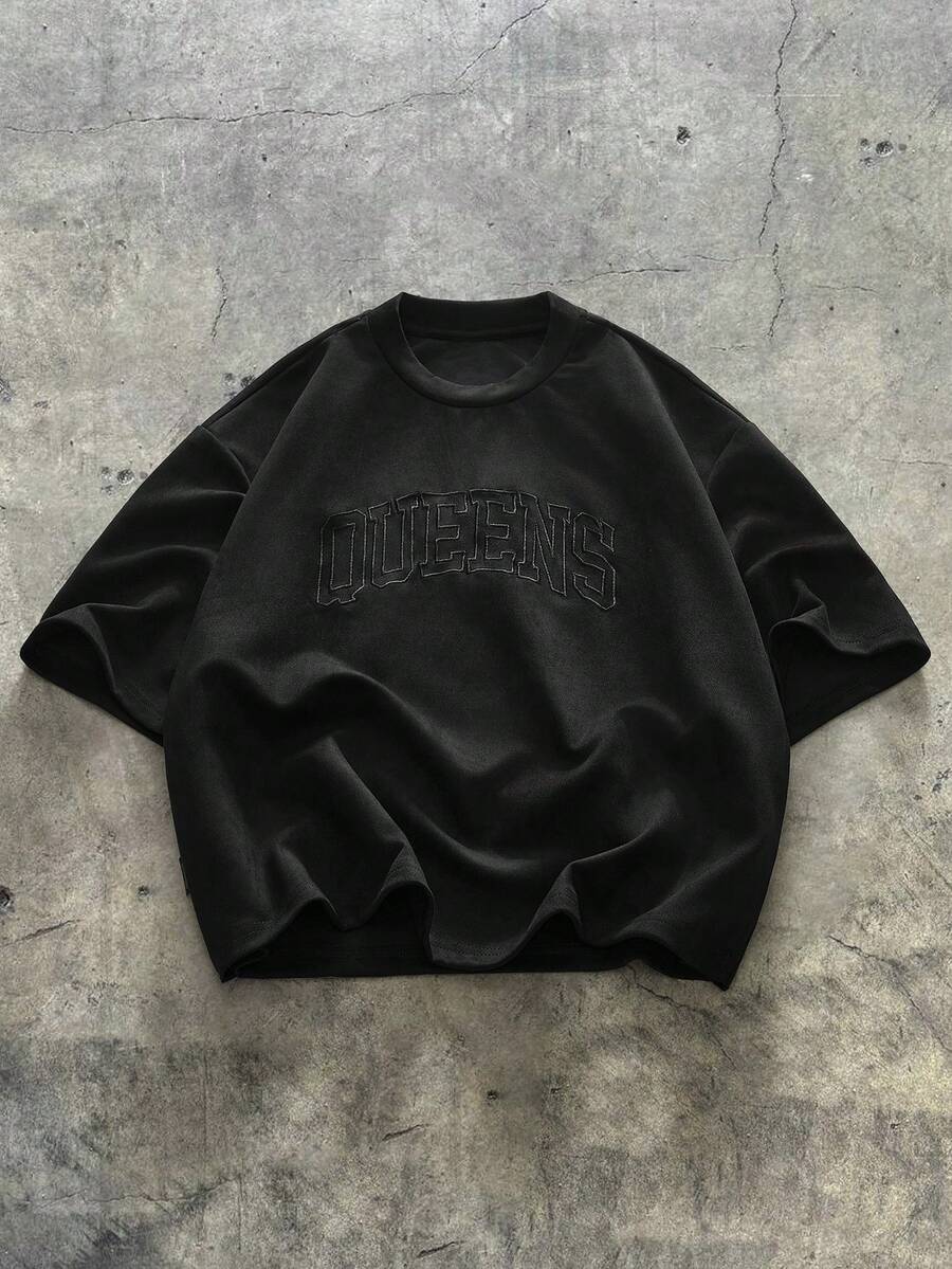 AXEPEAK 男士针织休闲宽松短袖T恤，时尚日常穿着，夏季，学校 - 黑色 - 查看 1